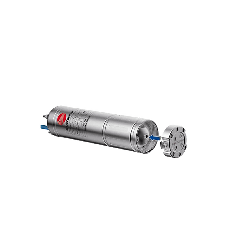 Ubicación del ánodo de sacrificio PEDROLLO en el extremo inferior del motor de 4 pulgadas de una bomba sumergible, indicando el punto de instalación.