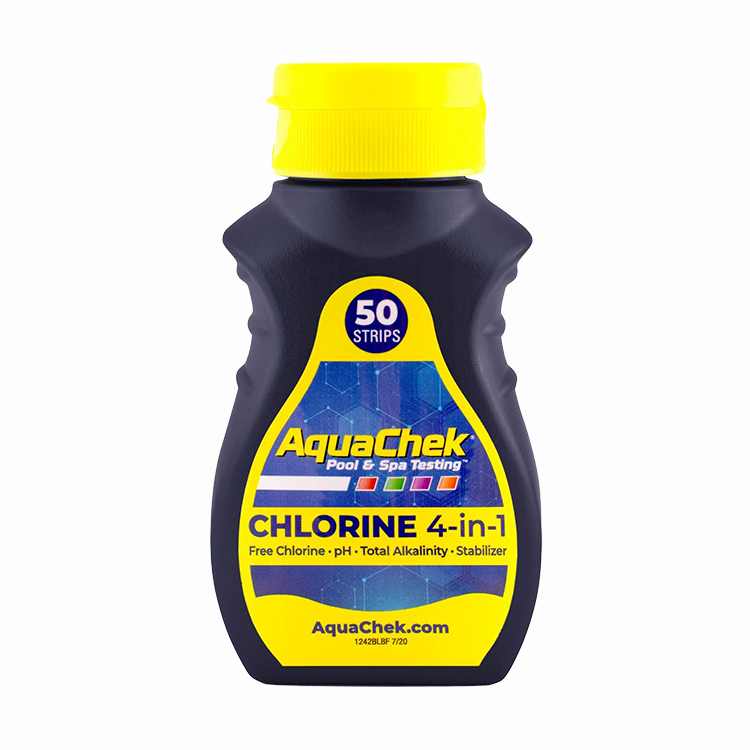 Kit de tiras reactivas AquaChek Amarillo 4 en 1 para análisis de cloro, pH y alcalinidad.
